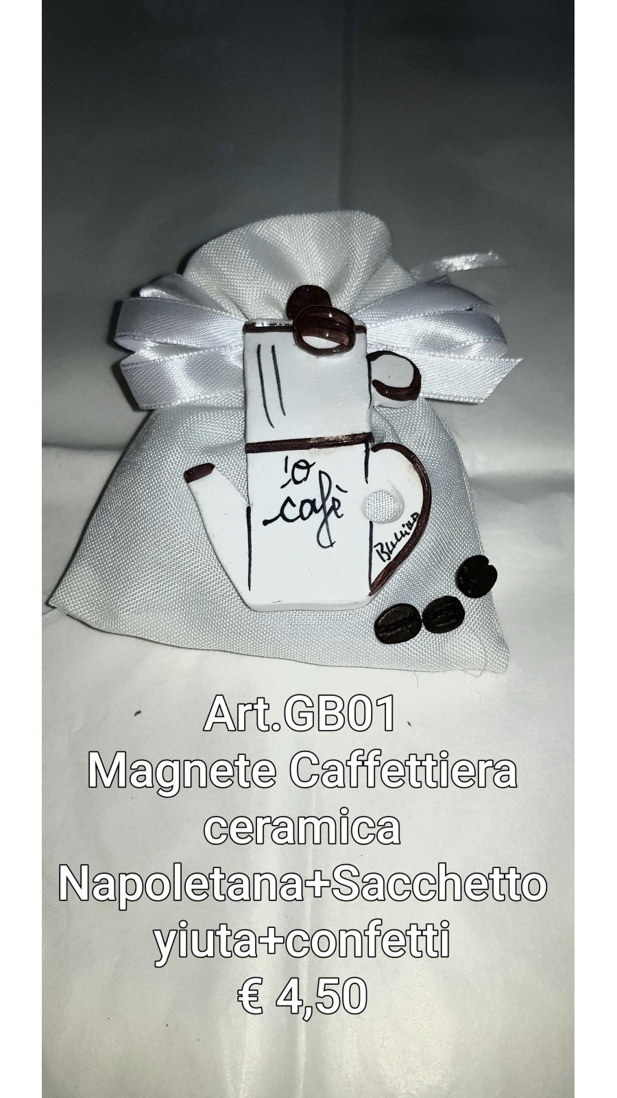 Idea bomboniera: magnete caffettiera ceramica napoletana + sacchetto yuta + confetti