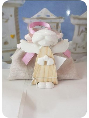 SACCHETTO YIUTA COMPLETO DI CONFETTI E ANGELO CERAMICA E LEGNO