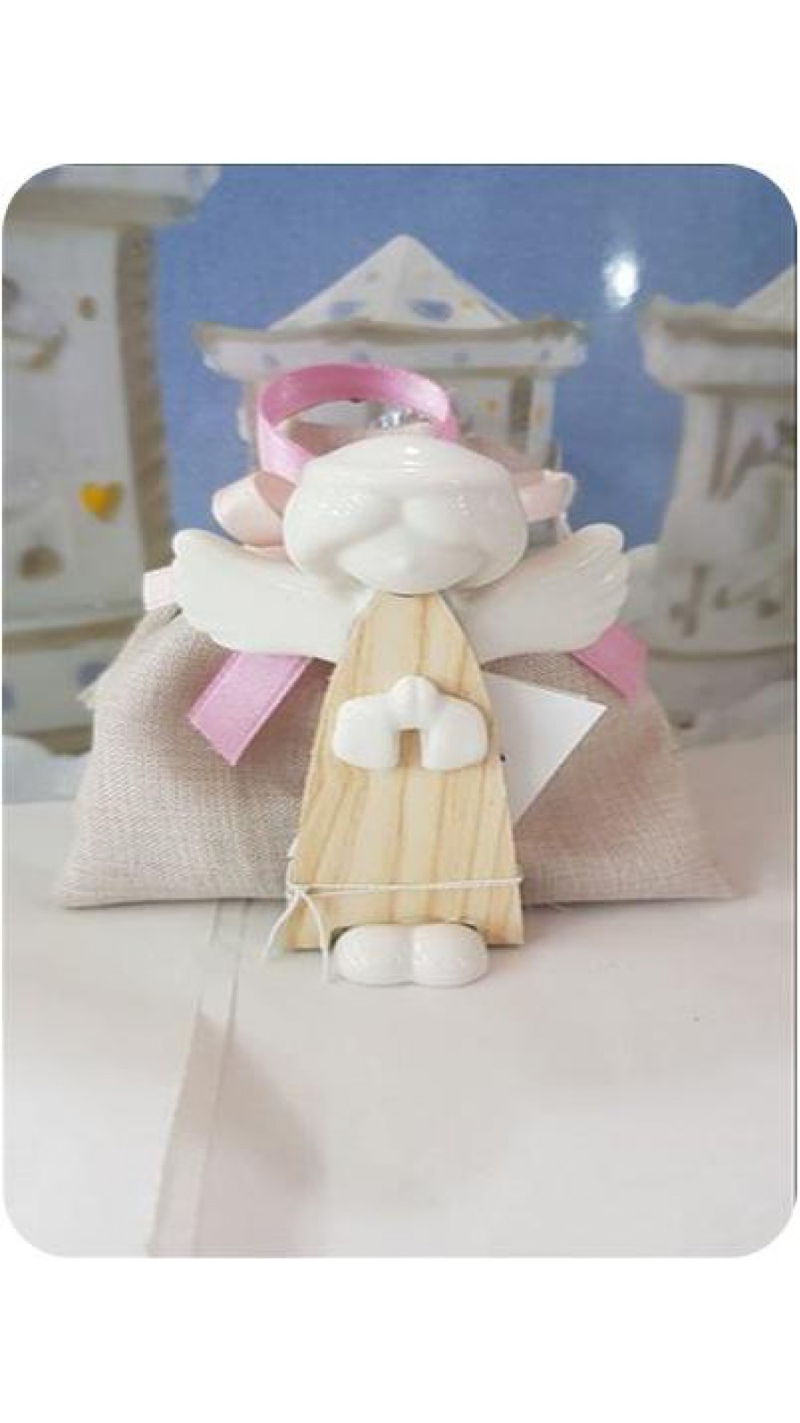 SACCHETTO YIUTA COMPLETO DI CONFETTI E ANGELO CERAMICA E LEGNO