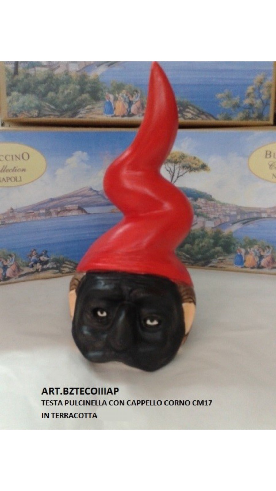 TESTA PULCINELLA IN TERRACOTTA D'APPOGGIO CON CAPPELLO A CORNO CM17