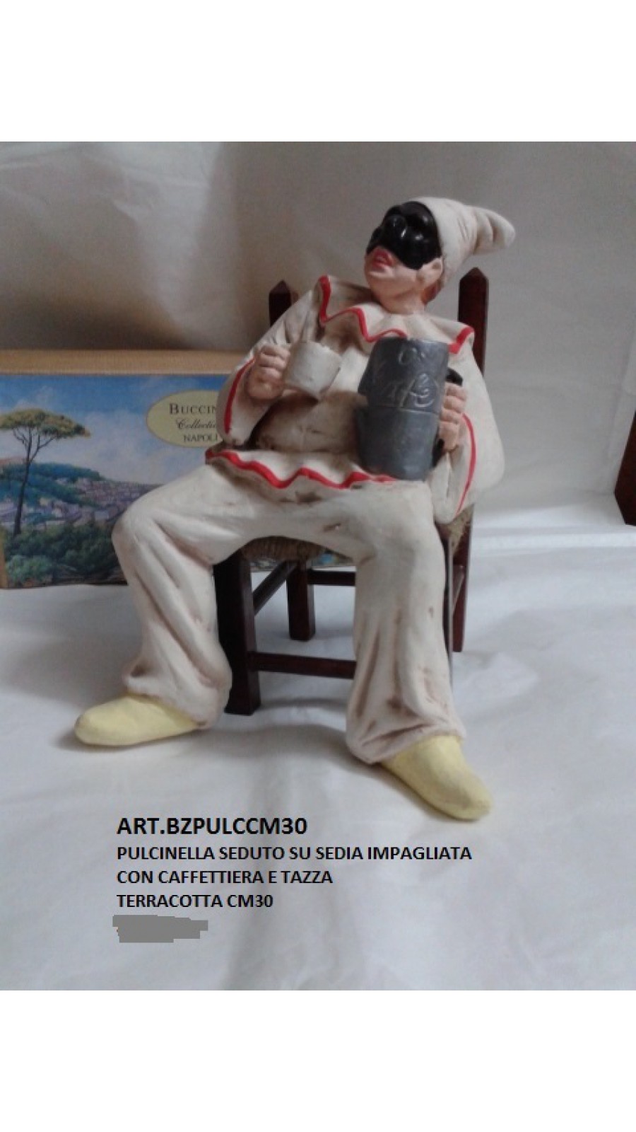 PULCINELLA TERRACOTTA SEDUTO SU SEDIA CON CAFFETTIERA